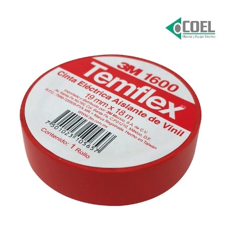 CINTA ELÉCTRICA TEMFLEX VINIL ROJA 3M ME300003063 3M S1600R  .018X18MTS.